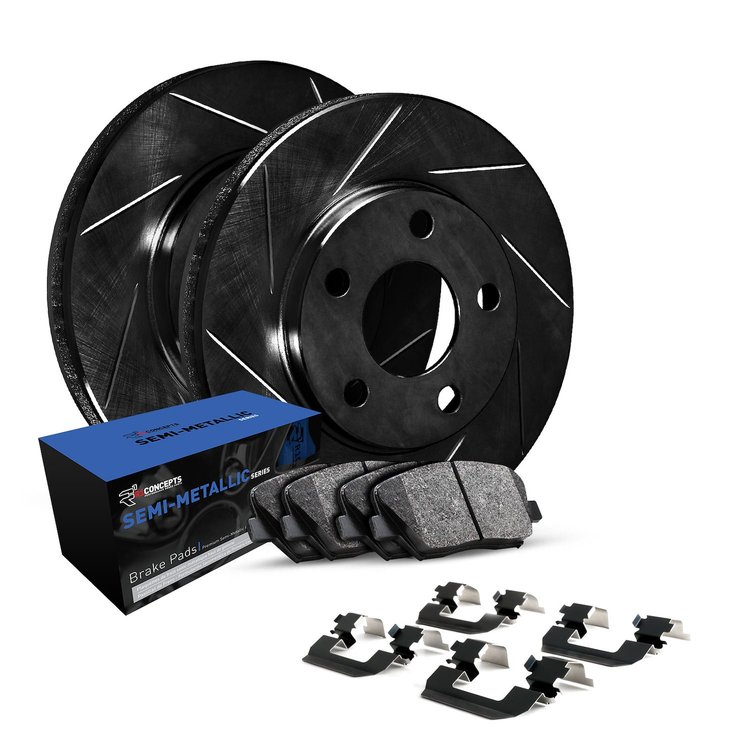 E-Line Slotted Black Brake Rotor Set w/Semi-Met Pads & Hardware, 2008-2017 Mitsubishi, Position: Front