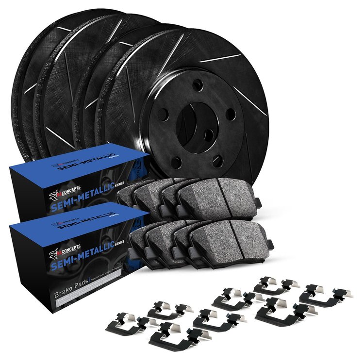 E-Line Slotted Black Brake Rotor Set w/Semi-Met Pads & Hardware, 2004-2009 GM, Position: Front & Rear