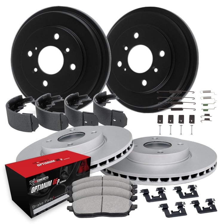 GEO-Carbon Brake Rotor & Drum Set w/Optimum OE Pads, Shoes, & Hardware, 2001-2001 Kia/Hyundai/Genesis, Position: Front & Rear