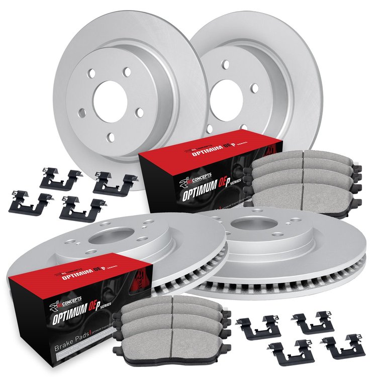 GEO-Carbon Brake Rotor Set w/Optimum OE Pads & Hardware, 1993-1993 Mopar, Position: Front & Rear