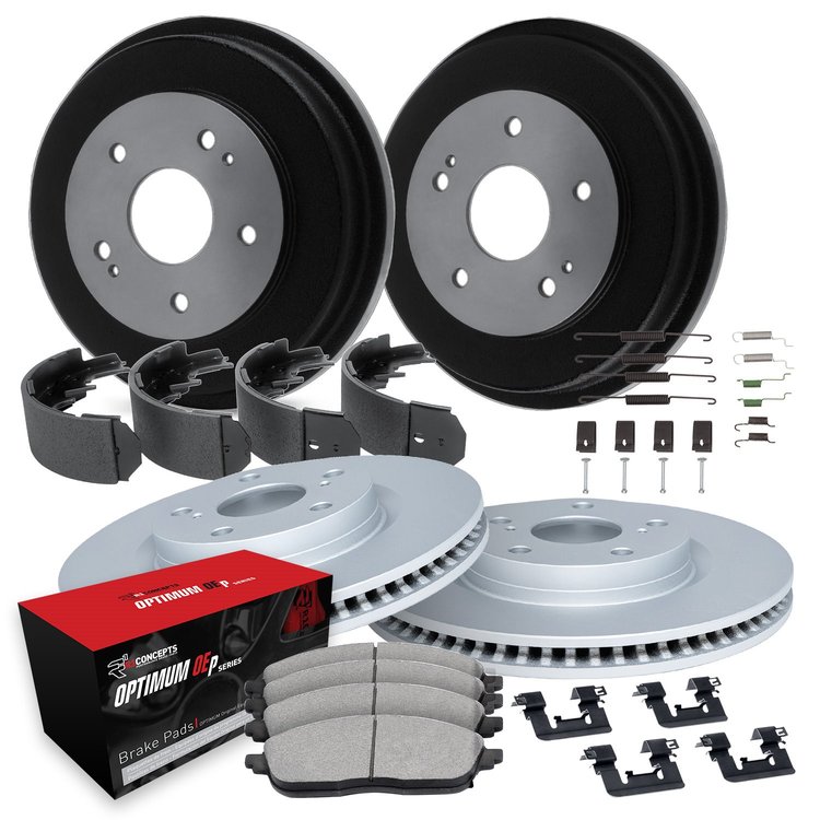 GEO-Carbon Brake Rotor & Drum Set w/Optimum OE Pads, Shoes, & Hardware, 1998-2003 Lexus/Toyota/Scion, Position: Front & Rear
