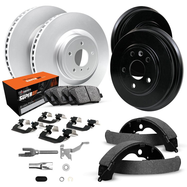 GEO-Carbon Brake Rotor & Drum Set w/Super-Duty Pads, Shoes, Hardware/Adjusters, 1990-1992 Mopar, Position: Front & Rear