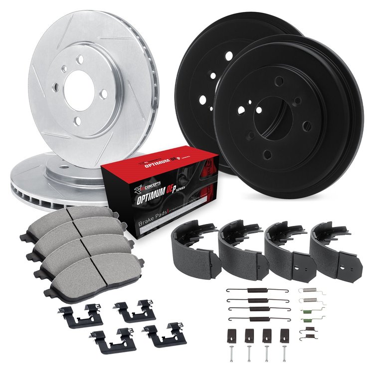 E-Line Slotted Silver Brake Rotor & Drum Set w/Optimum OE Pads, Shoes, & Hardware, 2001-2001 Kia/Hyundai/Genesis