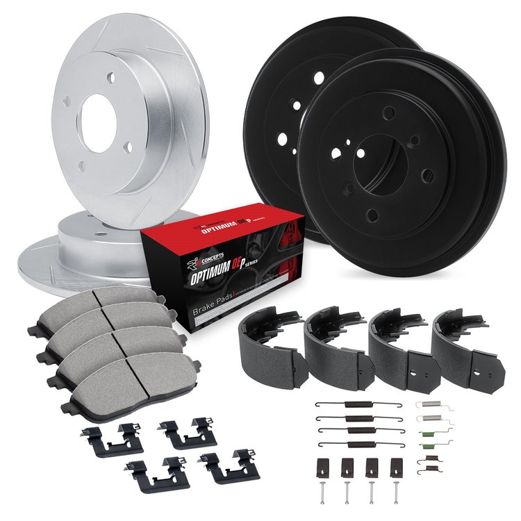 E-Line Slotted Silver Brake Rotor & Drum Set w/Optimum OE Pads, Shoes, & Hardware, 1982-1983 Audi/Porsche/Volkswagen