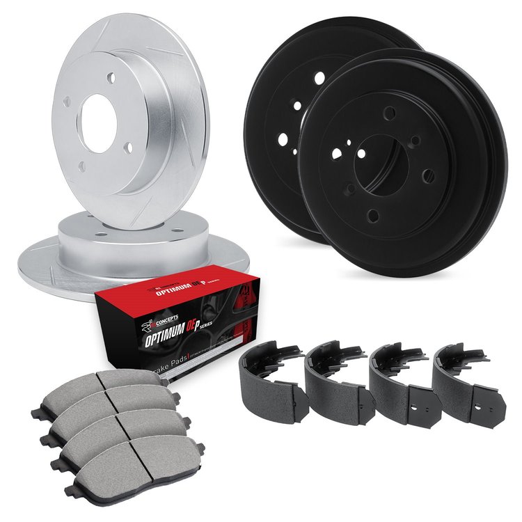 E-Line Slotted Silver Brake Rotor & Drum Set w/Optimum OE Pads & Shoes, 1996-1997 Audi/Porsche/Volkswagen