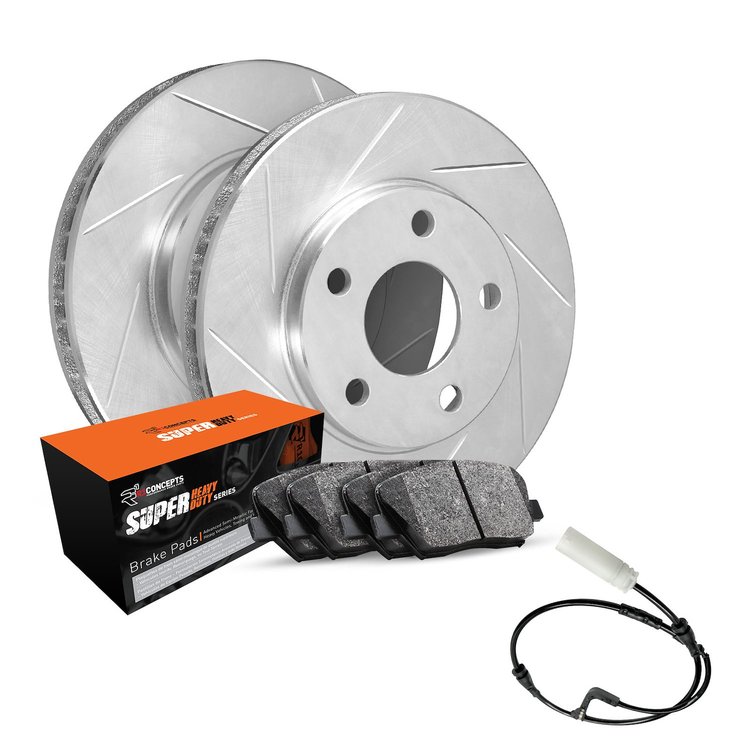 E-Line Slotted Silver Brake Rotor Set w/Super-Duty Pads & Sensor, 2002-2006 Fits Multiple Makes/Models, Position: Front