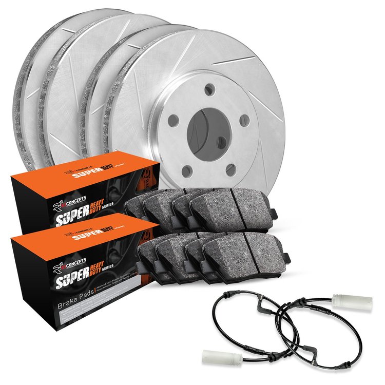 E-Line Slotted Silver Brake Rotor Set w/Super-Duty Pads & Sensor, 2002-2006 Fits Multiple Makes/Models, Position: Front & Rear