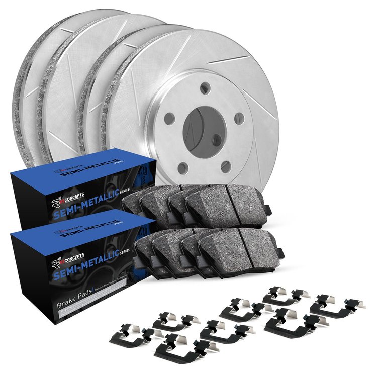 E-Line Slotted Silver Brake Rotor Set w/Semi-Met Pads & Hardware, Fits Select Fits Multiple Makes/Models, Position: Front & Rear