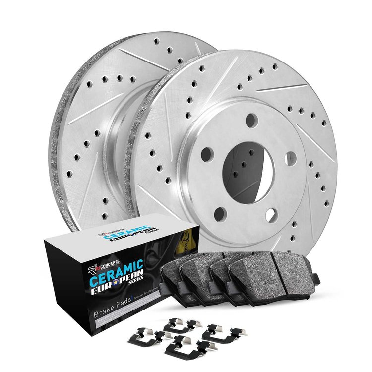 E-Line Drilled & Slotted Silver Brake Rotor Set w/Euro Ceramic Pads & Hardware, 1986-1989 Mercedes-Benz, Position: Front