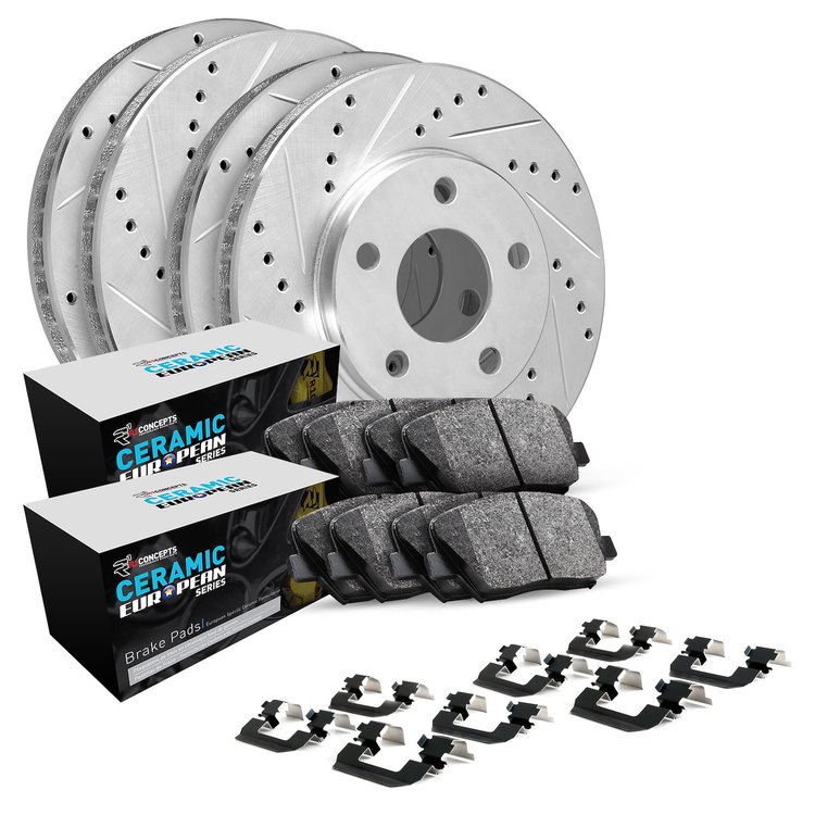 E-Line Drilled & Slotted Silver Brake Rotor Set w/Euro Ceramic Pads & Hardware, 2015-2018 Audi/Porsche/Volkswagen