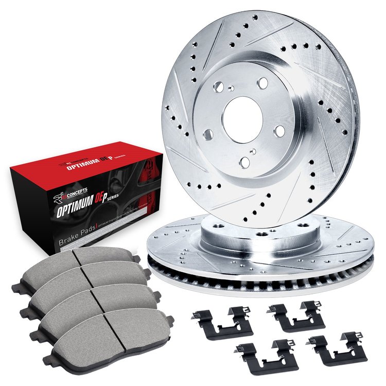 E-Line Drilled & Slotted Silver Brake Rotor Set w/Optimum OE Pads & Hardware, 2016-2017 Kia/Hyundai/Genesis, Position: Front