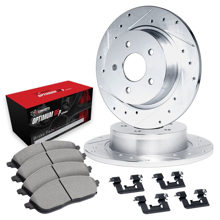 E-Line Drilled & Slotted Silver Brake Rotor Set w/Optimum OE Pads & Hardware, 1988-1991 Subaru, Position: Rear