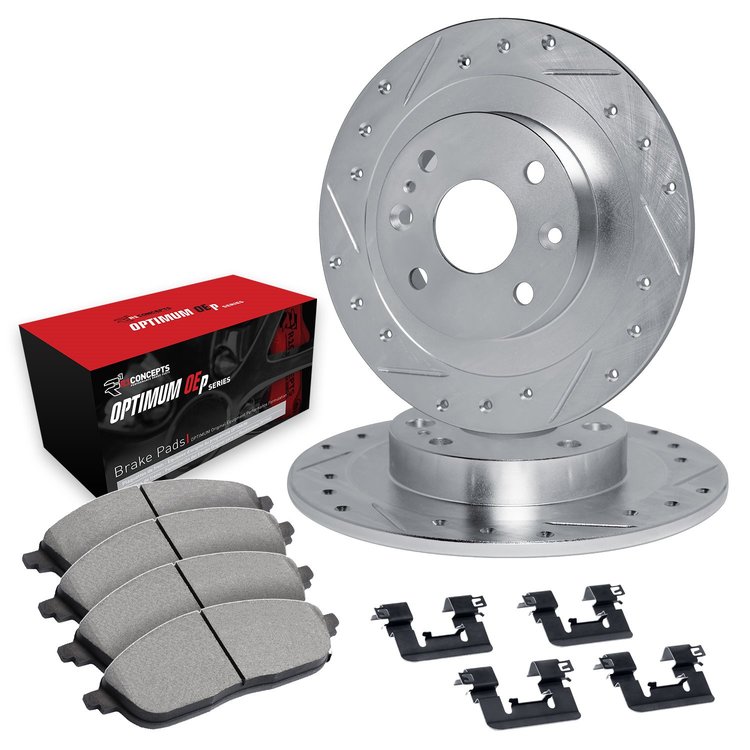 E-Line Drilled & Slotted Silver Brake Rotor Set w/Optimum OE Pads & Hardware, 1983-1985 Audi/Porsche/Volkswagen, Position: Front