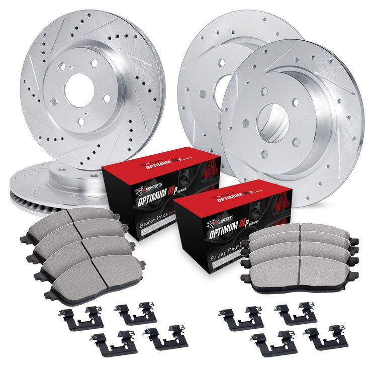 E-Line Drilled & Slotted Silver Brake Rotor Set w/Optimum OE Pads & Hardware, 2016-2017 Kia/Hyundai/Genesis