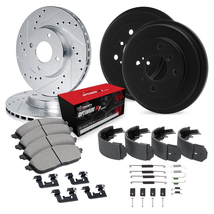 E-Line Drilled & Slotted Silver Rotor & Drum Set w/Optimum OE Pads, Shoes, & Hardware, 2001-2001 Kia/Hyundai/Genesis