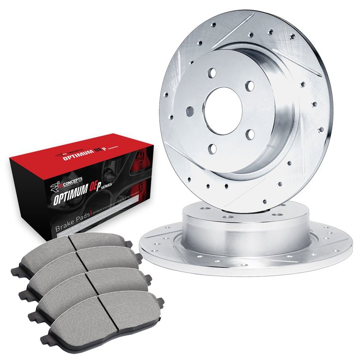 E-Line Drilled & Slotted Silver Brake Rotor Set w/Optimum OE Pads, 1988-1991 Subaru, Position: Rear