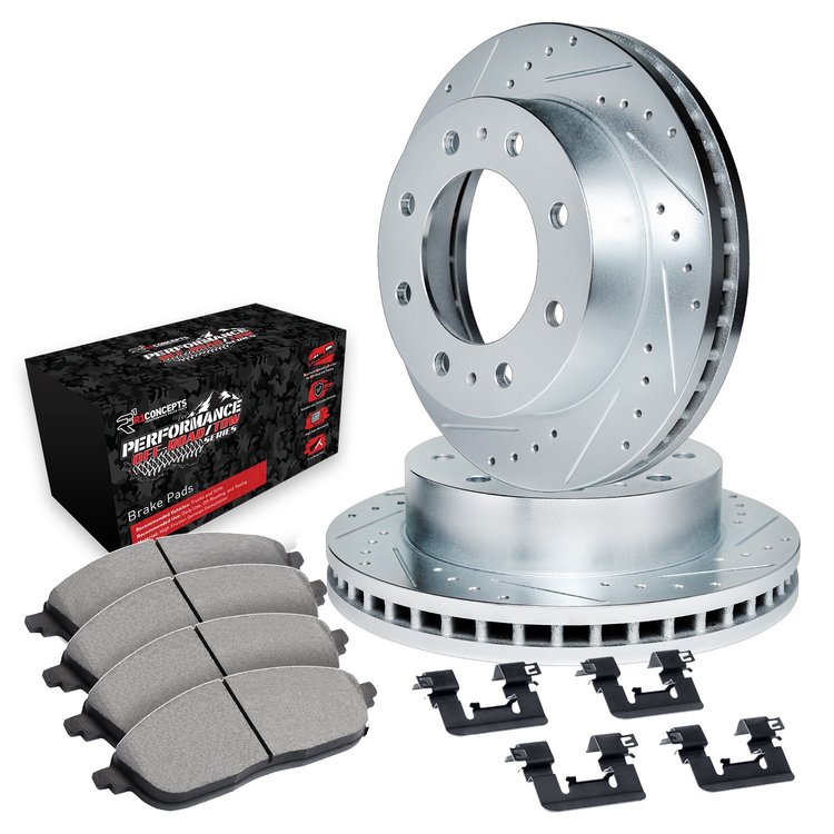 E-Line Drilled & Slotted Silver Rotor Set w/Performance Off-Road/Tow Pads & Hardware, 1999-1999 Ford/Lincoln/Mercury/Mazda