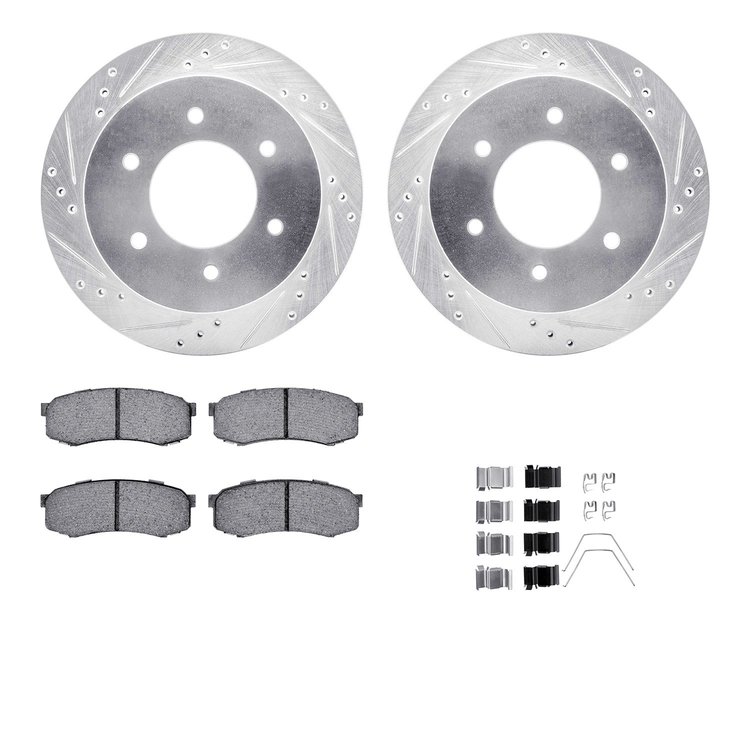 E-Line Drilled & Slotted Silver Brake Rotors w/Performance Off-Road/Tow Pads & Hardware, 2015-2017 Mitsubishi, Position: Rear