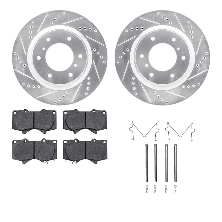 E-Line Drilled & Slotted Silver Brake Rotors w/Performance Off-Road/Tow Pads & Hardware, 2008-2017 Mitsubishi, Position: Front