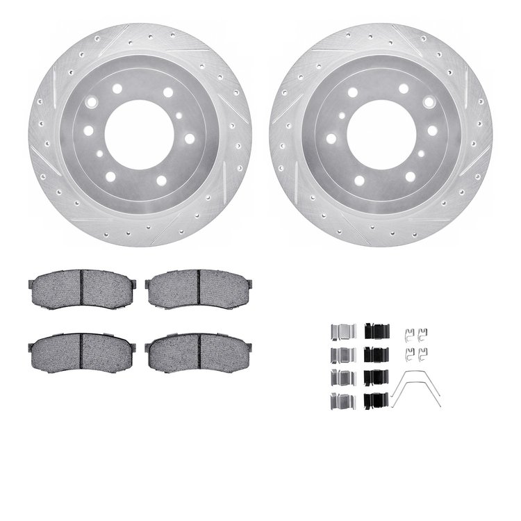 E-Line Drilled & Slotted Silver Brake Rotors w/Performance Off-Road/Tow Pads & Hardware, 2008-2014 Mitsubishi, Position: Rear