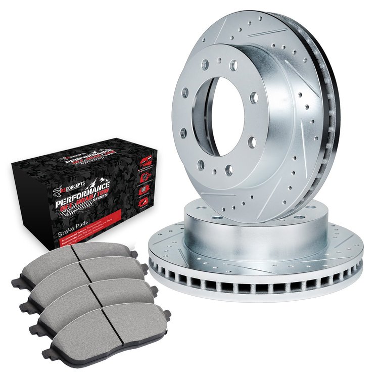 E-Line Drilled & Slotted Silver Brake Rotor Set w/Performance Off-Road/Tow Pads, 1988-1996 GM, Position: Front
