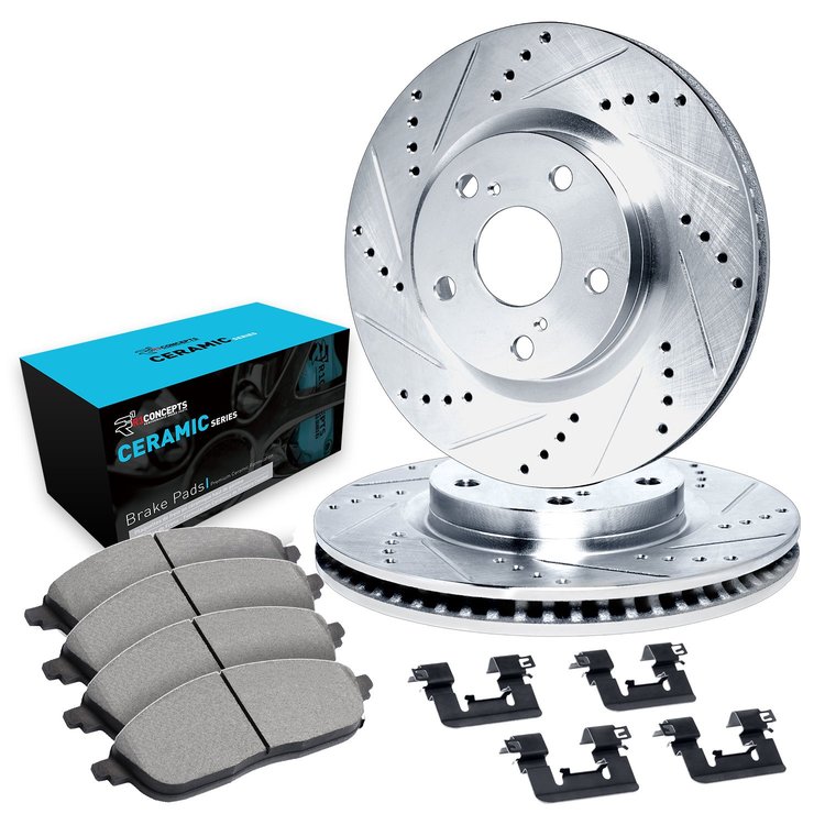 E-Line Drilled & Slotted Silver Brake Rotor Set w/Ceramic Pads & Hardware, 1990-1991 Ford/Lincoln/Mercury/Mazda, Position: Front