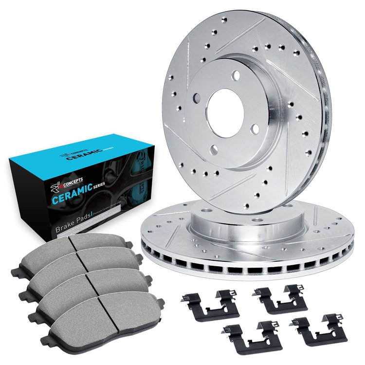 E-Line Drilled & Slotted Silver Brake Rotor Set w/Ceramic Pads & Hardware, 1984-1985 Infiniti/Nissan, Position: Front