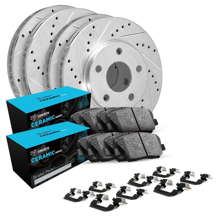 E-Line Drilled & Slotted Silver Brake Rotor w/Ceramic Pads & Hardware, 2008-2015 Audi/Porsche/Volkswagen, Position: Front & Rear