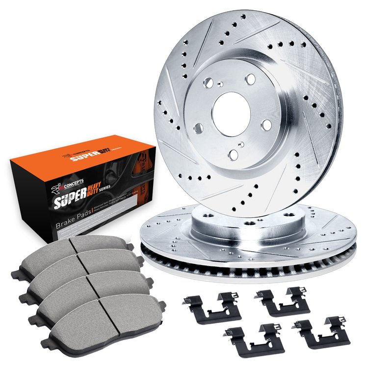 E-Line Drilled & Slotted Silver Brake Rotor Set w/Super-Duty Pads & Hardware, 1990-1991 Ford/Lincoln/Mercury/Mazda