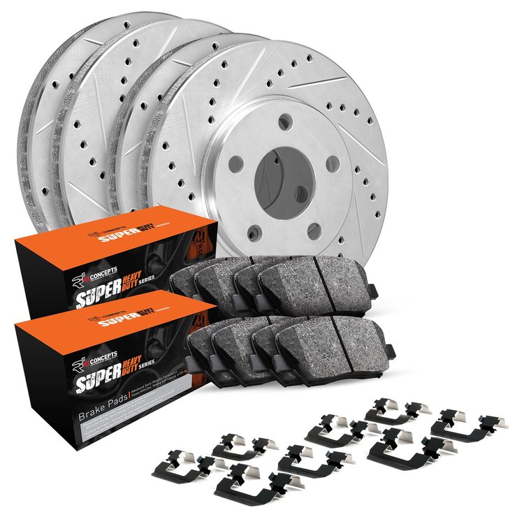 E-Line Drilled & Slotted Silver Brake Rotor Set w/Super-Duty Pads & Hardware, 2003-2017 GM, Position: Front & Rear