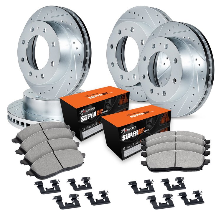 E-Line Drilled & Slotted Silver Brake Rotor Set w/Super-Duty Pads & Hardware, 1999-2000 Ford/Lincoln/Mercury/Mazda