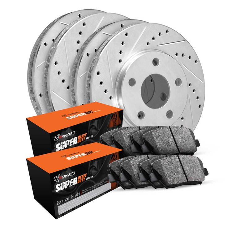 E-Line Drilled & Slotted Silver Brake Rotor Set w/Super-Duty Pads, 2008-2012 Mopar, Position: Front & Rear