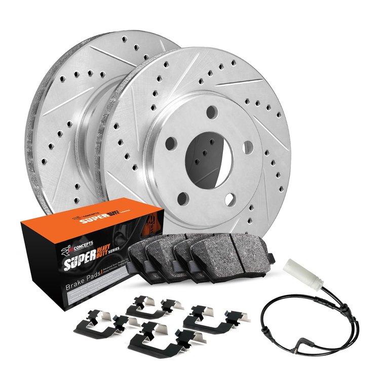 E-Line Drilled & Slotted Silver Brake Rotor Set w/Super-Duty Pads, Sensor, & Hardware, 2002-2006 Fits Multiple Makes/Models