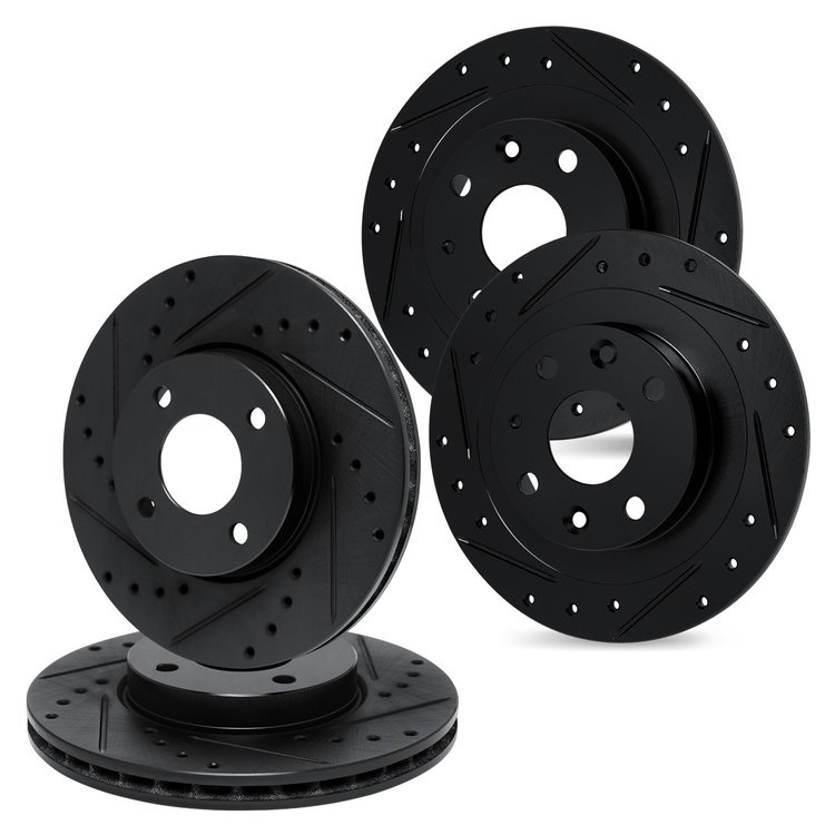 E-Line Drilled & Slotted Black Brake Rotor Set, 1984-1985 Infiniti/Nissan, Position: Front & Rear