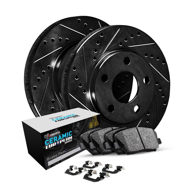 E-Line Drilled & Slotted Black Brake Rotor Set w/Euro Ceramic Pads & Hardware, Fits Select Volvo, Position: Front