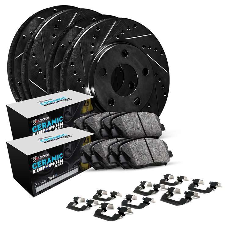 E-Line Drilled & Slotted Black Brake Rotor Set w/Euro Ceramic Pads & Hardware, 2018-2020 Audi/Porsche/Volkswagen