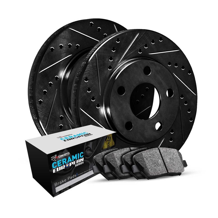 E-Line Drilled & Slotted Black Brake Rotor Set w/Euro Ceramic Pads, 2009-2019 Mopar, Position: Rear