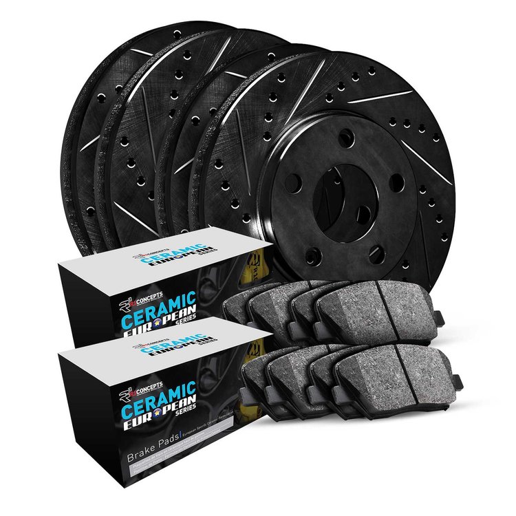 E-Line Drilled & Slotted Black Brake Rotor Set w/Euro Ceramic Pads, 2017-2021 Alfa Romeo, Position: Front & Rear