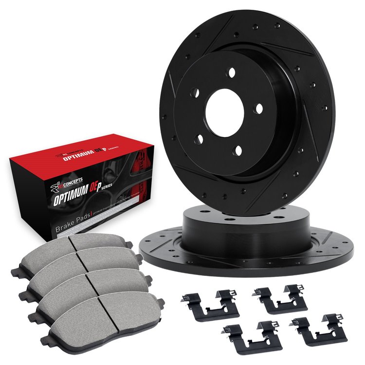 E-Line Drilled & Slotted Black Brake Rotor Set w/Optimum OE Pads & Hardware, 1988-1991 Subaru, Position: Rear