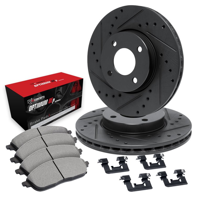 E-Line Drilled & Slotted Black Brake Rotor Set w/Optimum OE Pads & Hardware, 1984-1985 Infiniti/Nissan, Position: Front