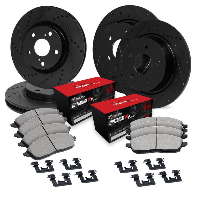 E-Line Drilled & Slotted Black Brake Rotor Set w/Optimum OE Pads & Hardware, 2016-2017 Kia/Hyundai/Genesis