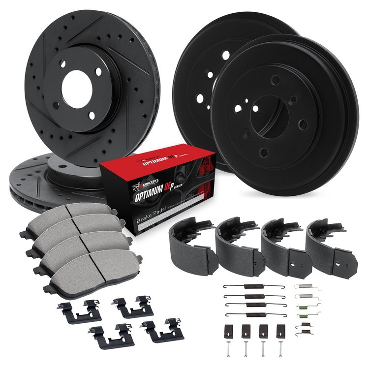 E-Line Drilled & Slotted Black Brake Rotor & Drum Set w/Optimum OE Pads, Shoes, & Hardware, 2001-2001 Kia/Hyundai/Genesis