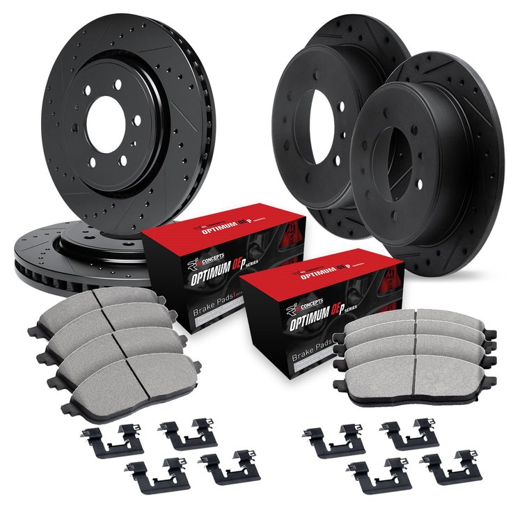 E-Line Drilled & Slotted Black Brake Rotor Set w/Optimum OE Pads & Hardware, 1998-2000 Mitsubishi, Position: Front & Rear