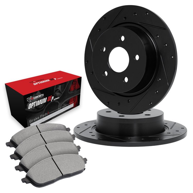 E-Line Drilled & Slotted Black Brake Rotor Set w/Optimum OE Pads, 1988-1991 Subaru, Position: Rear