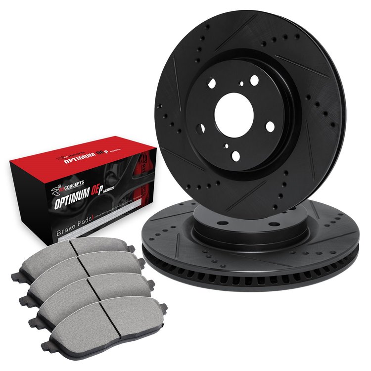 E-Line Drilled & Slotted Black Brake Rotor Set w/Optimum OE Pads, Fits Select GM, Position: Rear