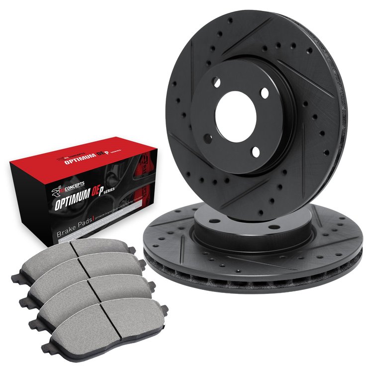 E-Line Drilled & Slotted Black Brake Rotor Set w/Optimum OE Pads, 1998-1998 Mitsubishi, Position: Front