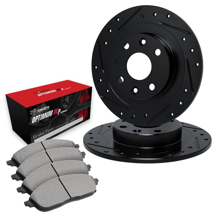 E-Line Drilled & Slotted Black Brake Rotor Set w/Optimum OE Pads, 1983-1985 Audi/Porsche/Volkswagen, Position: Front