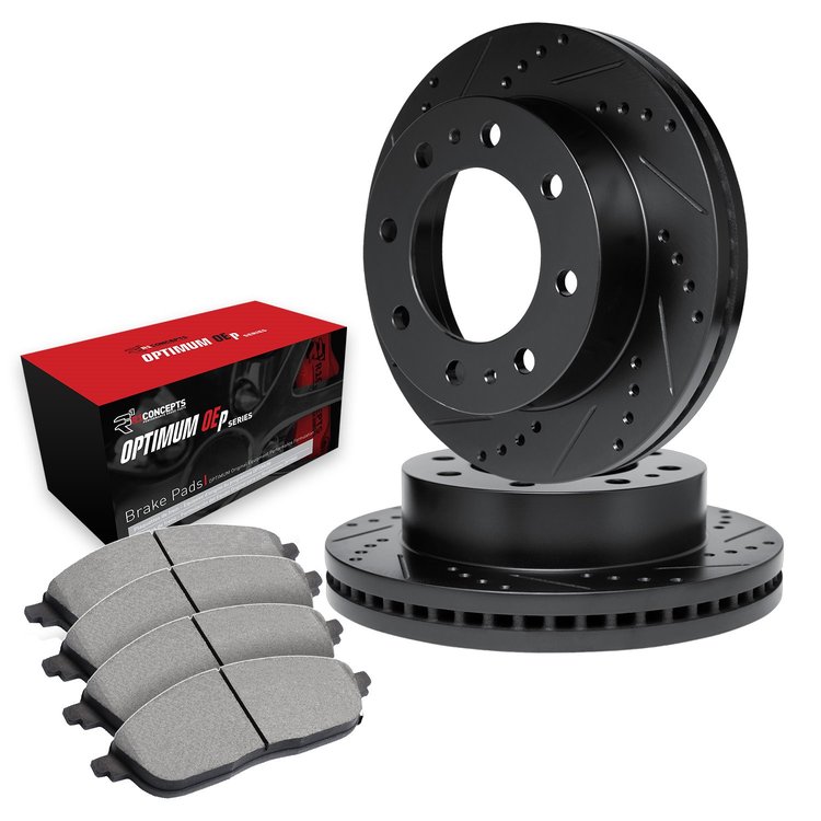 E-Line Drilled & Slotted Black Brake Rotor Set w/Optimum OE Pads, 1999-1999 Ford/Lincoln/Mercury/Mazda, Position: Front