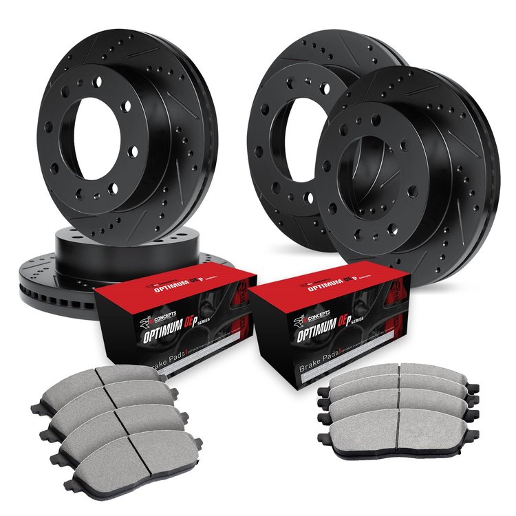 E-Line Drilled & Slotted Black Brake Rotor Set w/Optimum OE Pads, 1999-2000 Ford/Lincoln/Mercury/Mazda, Position: Front & Rear
