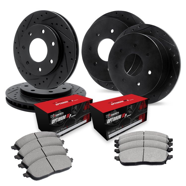 E-Line Drilled & Slotted Black Brake Rotor Set w/Optimum OE Pads, 1997-2002 Ford/Lincoln/Mercury/Mazda, Position: Front & Rear